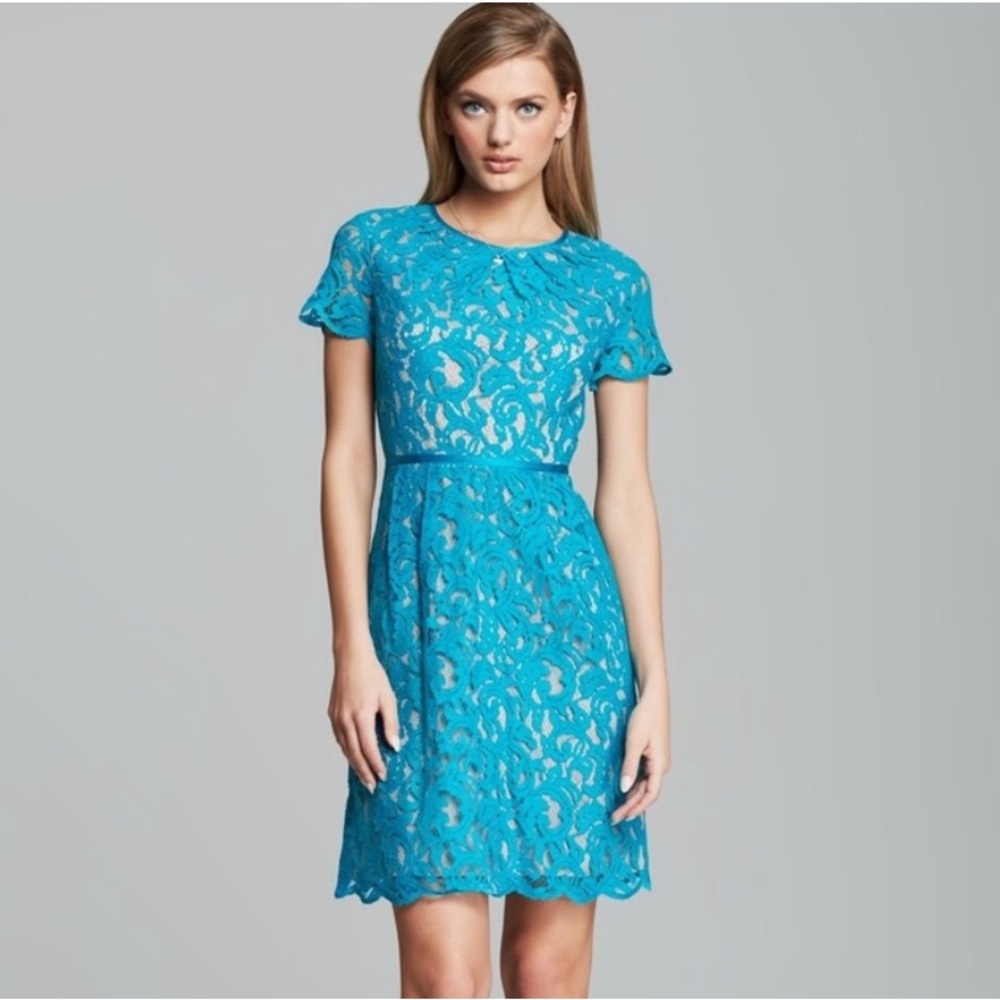 Adrianna Papell Turquoise Floral Lace Short-Sleeve Mini Dress